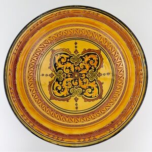 Moroccan Art Pottery Bowl Yellow Wall Plate Hand Painted Signed 17”